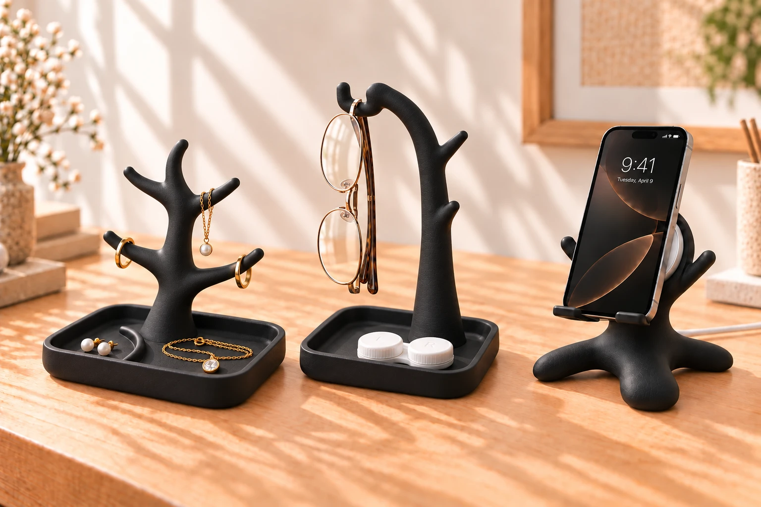 ネックレスを置いたTreeSTAND、縦掛けGlassesSTAND、PhoneSTANDを並べた使用イメージ