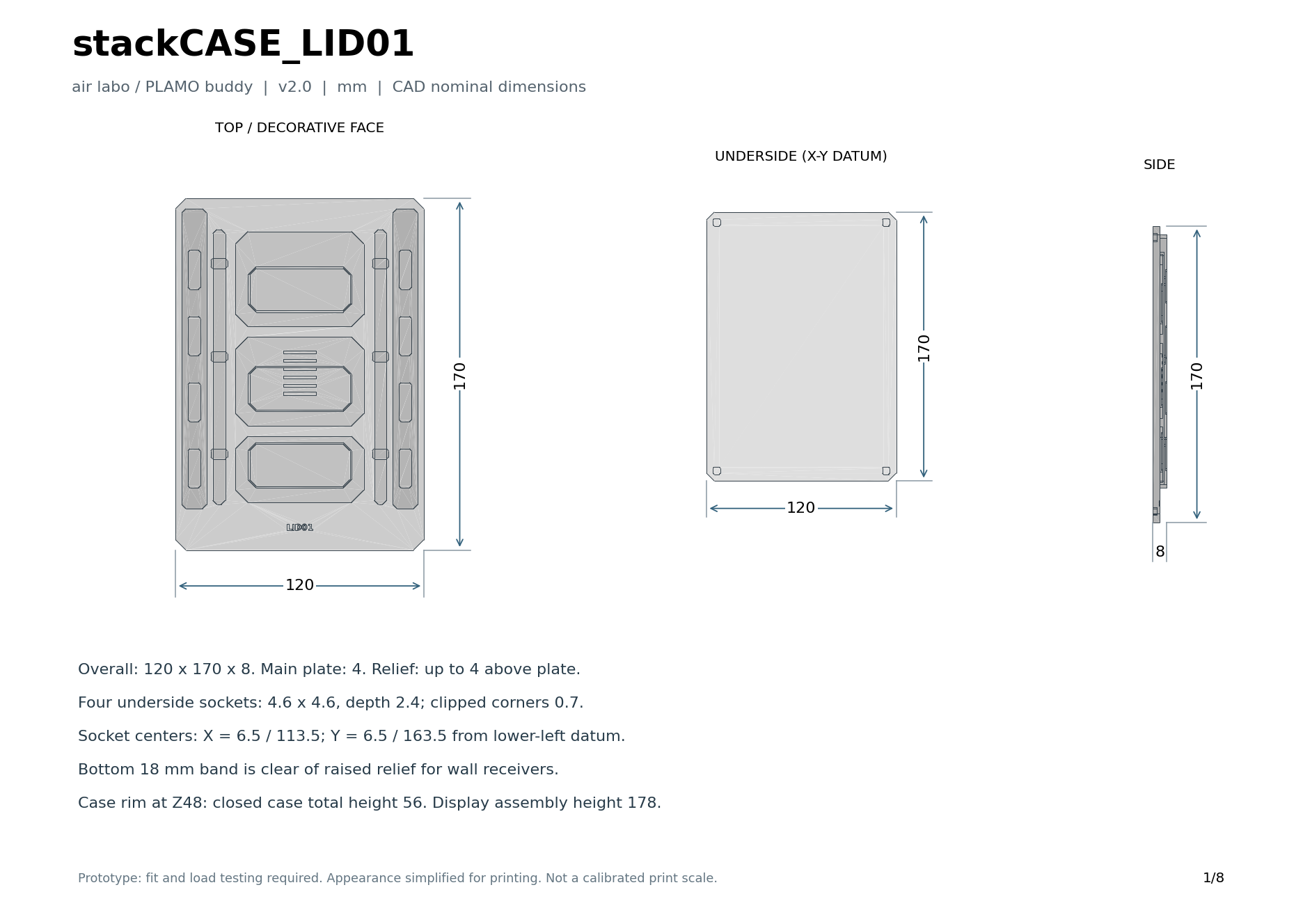 stackCASE_LID01の寸法図。120 × 170 × 最大厚8 mm