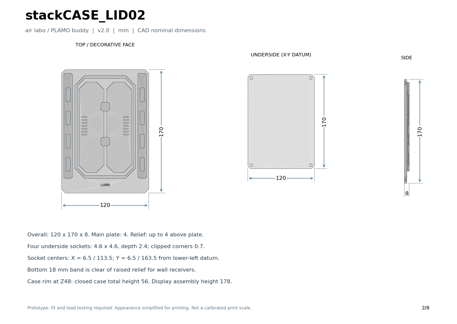 stackCASE_LID02の寸法図。120 × 170 × 最大厚8 mm