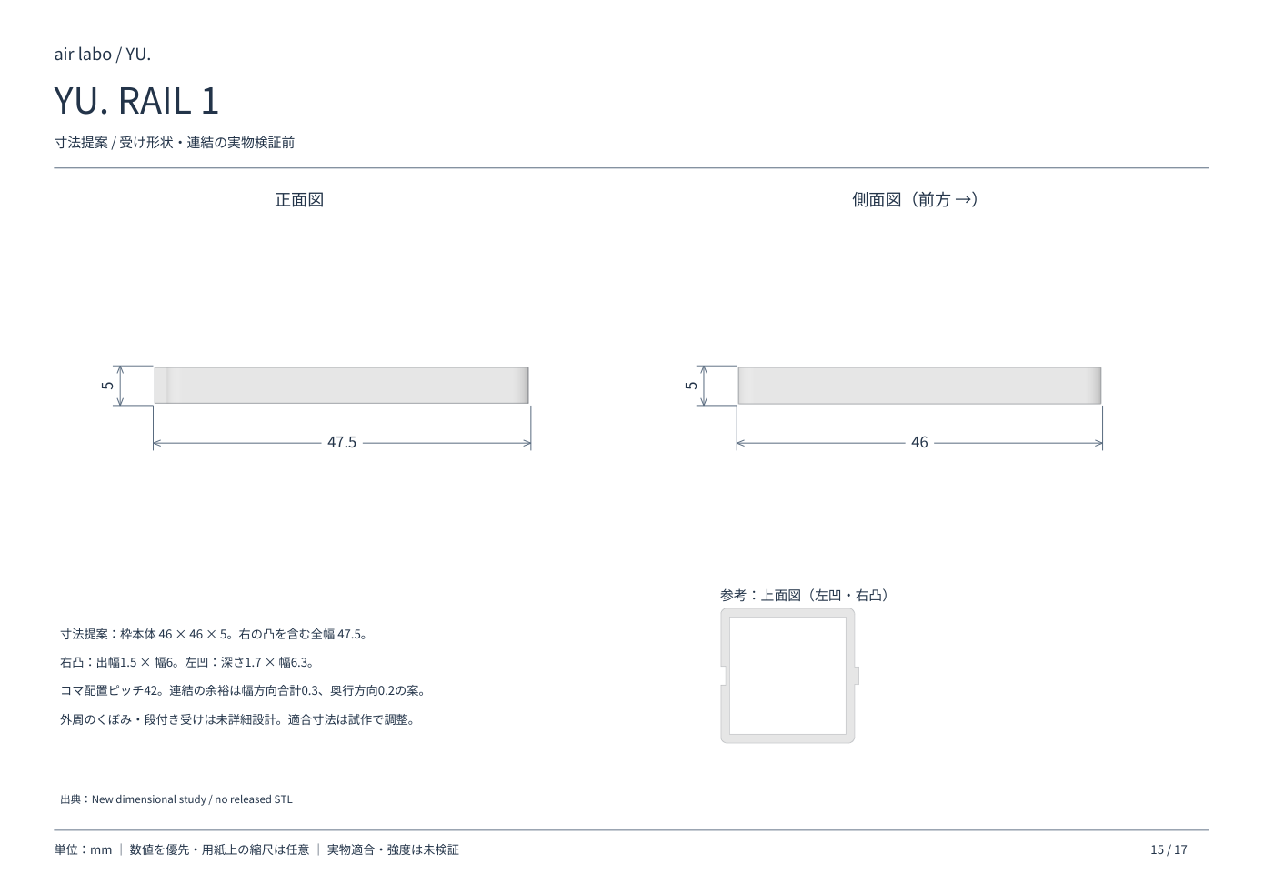 YU. RAIL 1の正面・側面寸法図、単位mm